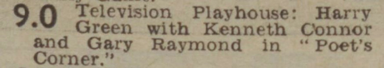 Poet's Corner TV listing. Television Playhouse: Hary Green with Kenneth Connor and Gary Raymond in Poet's Corner