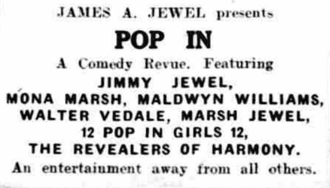 A listing for James A. Jewel's revue Pop In, in 1928