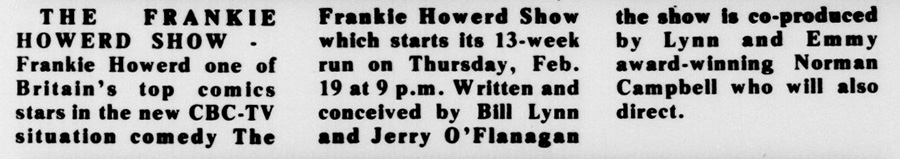Newspaper announcement of CBC's The Frankie Howerd Show debuting
