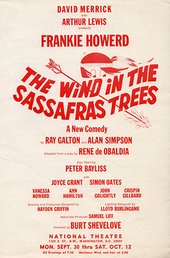 Flyer for Galton & Simpson's The Wind In The Sassafras Trees, starring Frankie Howerd, playing in Washington D.C.