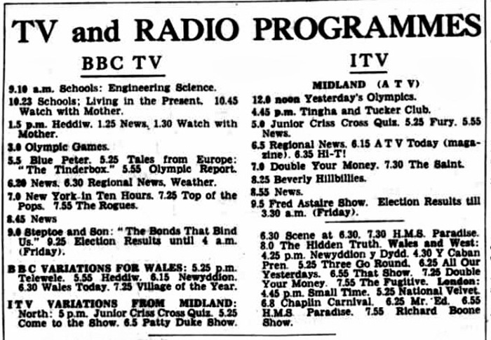 TV listings for General Election day, 15th October 1964