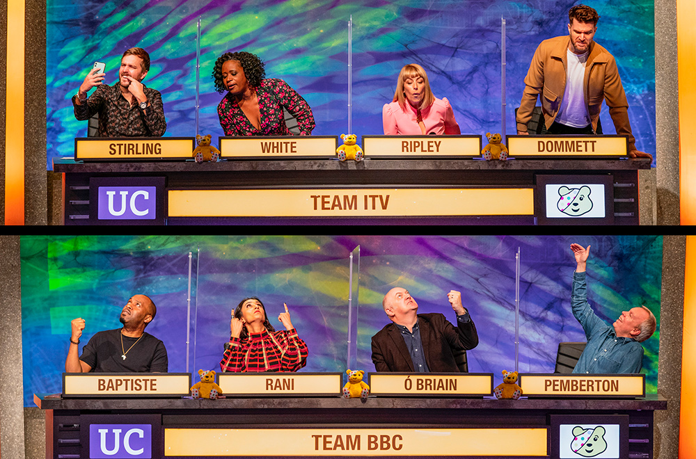 University Challenge for BBC Children In Need 2020. Image shows from L to R: Iain Stirling, Dane Baptiste, Charlene White, Anita Rani, Fay Ripley, Dara O Briain, Joel Dommett, Steve Pemberton