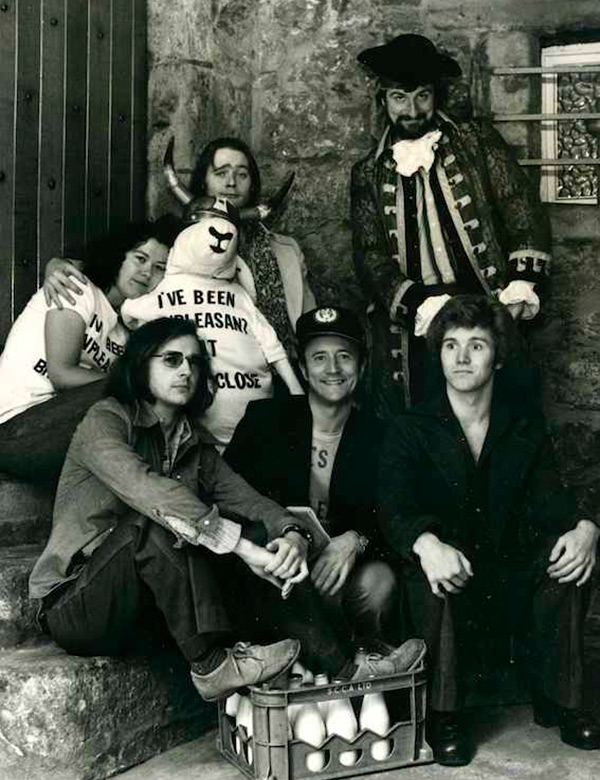 The Unpleasantness at Brodie's Close 1976. Image shows left to right: Becky Fanner, David Renwick, John Lloyd, John Mason, Douglas Adams, Geoff Farrington