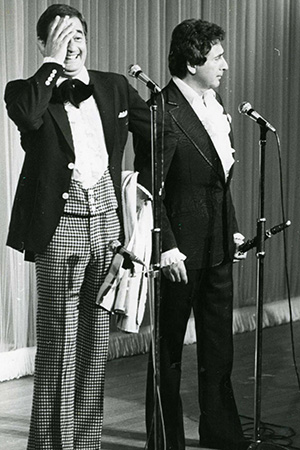 Bernie and Mike Winters pictured in their final performance, on stage at Sandown Pavilion Theatre, Saturday 16th September 1978. Image shows left to right: Mike Winters, Bernie Winters