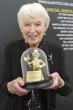 June Whitfield picking up Aardman Slapstick Comedy Legend Award 2013. June Whitfield