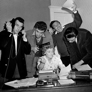 Image shows from L to R: Eric Sykes, Ray Galton, Beryl Vertue, Spike Milligan, Alan Simpson