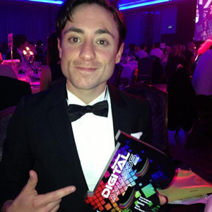 Ryan Sampson with Plebs' Broadcast Digital Award. Grumio (Ryan Sampson). Copyright: RISE Films