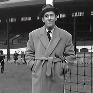 Tommy Trinder talking on a football pitch in 1962 about Fulham FC's chances in the league. Tommy Trinder