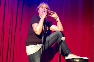 Caroline Mabey at doing new material at Sunday Smash Up at Camden Comedy Club. Caroline Mabey