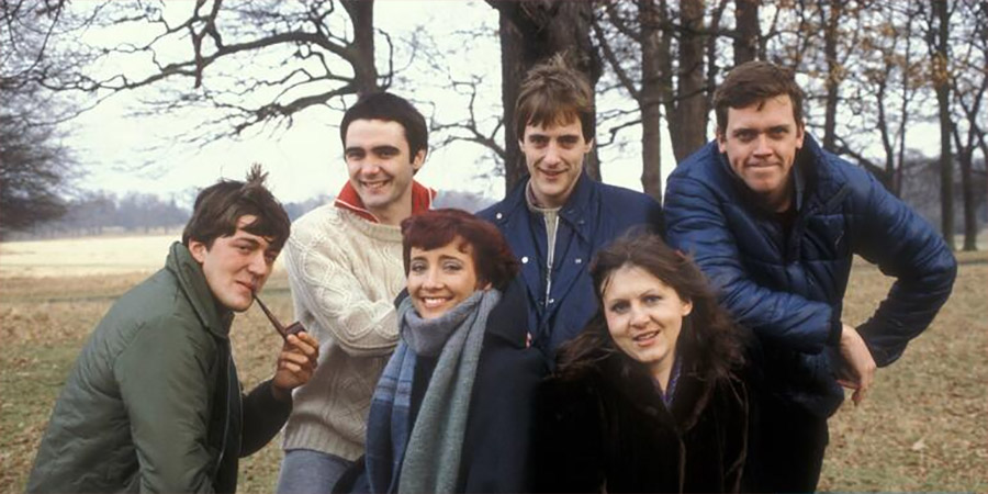 Image shows from L to R: Stephen Fry, Tony Slattery, Emma Thompson, Paul Shearer, Penny Dwyer, Hugh Laurie. Copyright: BBC