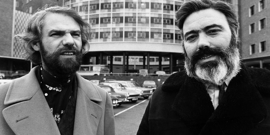 Ray Galton and Alan Simpson outside BBC TV Centre in 1970. Image shows from L to R: Ray Galton, Alan Simpson. Copyright: BBC