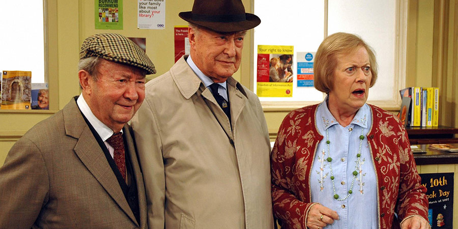 Last Of The Summer Wine. Image shows left to right: Norman Clegg (Peter Sallis), Herbert 'Truly' Truelove (Frank Thornton), Miss Davenport (Josephine Tewson). Credit: BBC