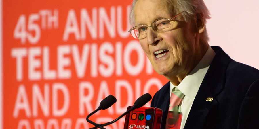 Nicholas Parsons accepts the Harvey Lee Award at the BPG Awards 2019. Nicholas Parsons. Copyright: BPG / Virgin Media