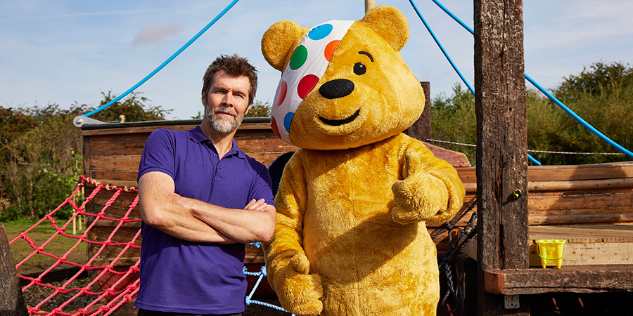 Rhod Gilbert with Pudsey for DIY SOS: Children in Need Special 2021. Rhod Gilbert