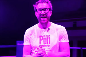 Jason Byrne hosting the UK Pun Championships 2018 final. Jason Byrne