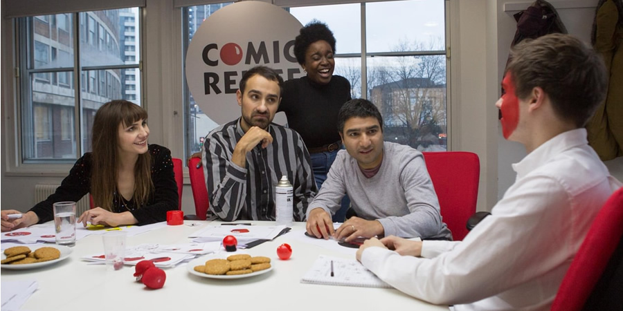 Comic Relief Originals: The Designers. Image shows from L to R: Natasia Demetriou, Jamie Demetriou, Lolly Adefope, Nick Mohammed, Rhys James. Copyright: Comic Relief